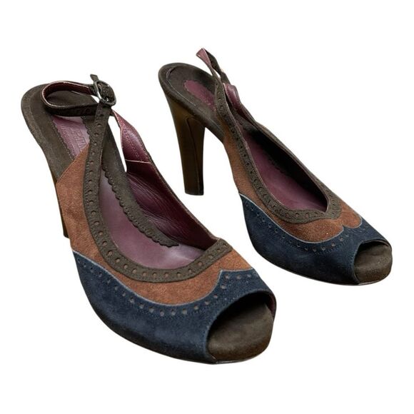 Sportmax Suede Wingtip Brown Blue Open Toe Heel Size 7 Made in Italy - Picture 9 of 10